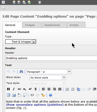 Screen shot of content editor